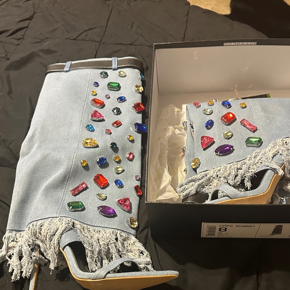 Cape Robbin Blue Denim Heels with Multicolor Gems